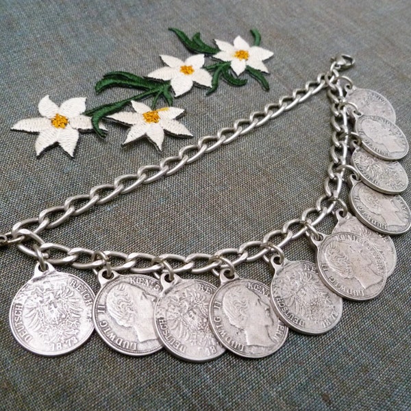 Charivari, coin chain, traditional costume jewelry, metal, antique silver, King Ludwig, dirndl, Bavaria, lederhosen, bodice