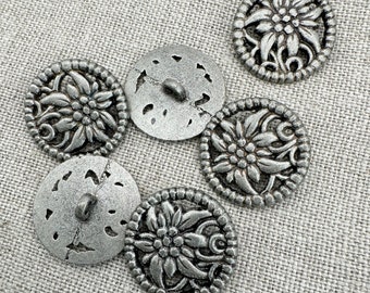 Edelweiss buttons, traditional style, 2,3cm, antique tin colored, Tyrolean style, Austria, Switzerland, Bavaria, knitted Bavarian vest