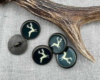 Traditional buttons hunting deer green metal bronze 18 mm