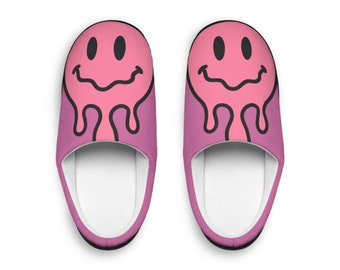 Smiley Face Melting, Pink Comfy Flannel Anti-Slip, Women's Indoor Slippers