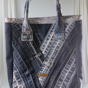 Handmade Chevron Denim Tote Bag | Upcycled Jean Purse | Zipper Pocket | Sustainable Everyday Bag