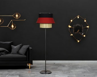 Moderne schwarze Metall Stehlampe, Kopfteil im italienischen Stil, elegante Nachttischlampe aus rotem Korbgeflecht