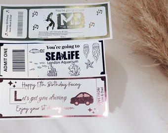 Personalised theme event foil ticket days out surprise, gift, keepsake,