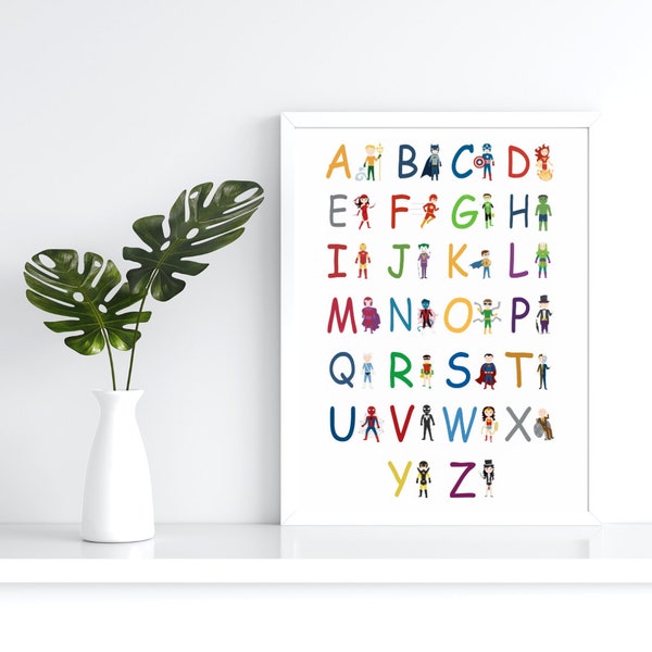 Superhero and villain alphabet poster, digital download, kids room decor, nursery wall art