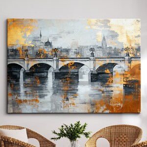 London Bridge Gold London City Landmark Abstract Oil Painting Framed Poster Print Or Framed Canvas Wall Decor Art Bedroom Home Interior Gift