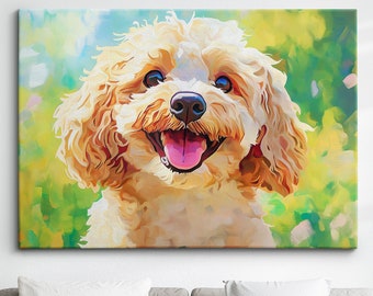 May include: A painting of a small, white poodle with a happy expression. The dog has a pink tongue sticking out and is surrounded by a colorful, abstract background.