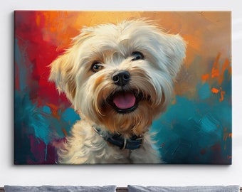 May include: A white dog with a happy expression, painted in a colorful abstract style. The dog's fur is fluffy and white, with brown accents around the eyes and nose. The background is a mix of red, orange, blue, and purple.