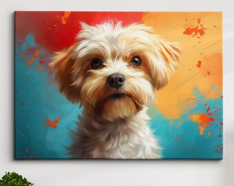 May include: A white and brown dog with a fluffy coat is looking directly at the camera. The dog is painted in a colorful abstract style with splashes of red, orange, yellow, blue, and green.