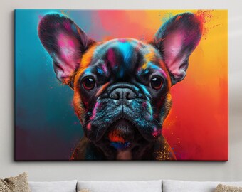 May include: A colorful abstract painting of a French bulldog with splashes of blue, pink, yellow, and orange paint.