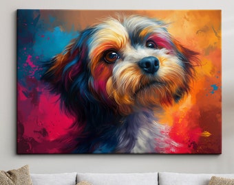 May include: A colorful abstract painting of a small dog with blue, red, orange, and yellow fur. The dog is looking up and has a white muzzle. The background is a mix of red, orange, and blue.