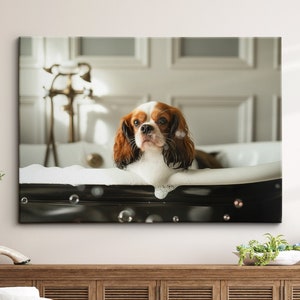 Cavalier King Charles Spaniel In The Bathtub Dog Pet Abstract Modern Painting Wall Art Framed Canvas Poster Print, Home Kitchen Office Decor