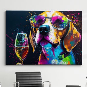Beagle Toasting Drink Glasses Dog Pet Abstract Oil Painting Framed Poster Print & Framed Canvas Wall Art Living Home Decor Interior Gift
