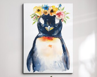 Penguin Flower Tiara Framed Poster Print & Framed Canvas Wall Decor Art Oil Painting Bedroom Home Living Room Funny Animal Lover Gift