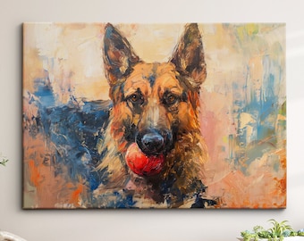 German Shepherd With Chew Ball Dog Pet Art Oil Painting Framed Poster Print & Framed Canvas Wall Art Living Home Decor Interior Dog Gift
