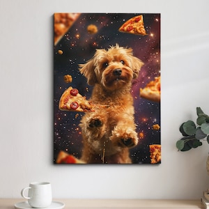 May include: A brown and white dog with floppy ears is floating in space with pizza slices around it. The dog is looking up at the camera with a surprised expression. The background is a dark blue and purple galaxy with stars.