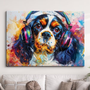 King Charles Spaniel DJ Headphones Painting Framed Poster Print & Framed Canvas Wall Decor Art Painting Home Living Room Dog Gift Pet Music