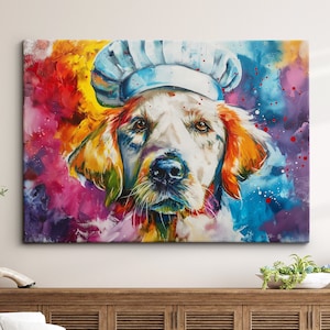 Golden Retriever Chef Hat Cooking Painting Framed Poster Print & Framed Canvas Wall Decor Art Painting Kitchen Home Room Dog Gift Idea Pet