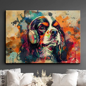King Charles Spaniel DJ Headphones Painting Framed Poster Print & Framed Canvas Wall Decor Art Painting Home Living Room Dog Gift Pet Music