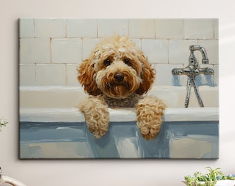 Cockapoo Bath Tub Dog Bathroom Oil Painting Framed Poster Print Or Framed Canvas Wall Decor Art Bedroom Home Interior Gift For Pet Lover