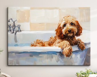 Cockapoo Bath Tub Dog Bathroom Oil Painting Framed Poster Print Or Framed Canvas Wall Decor Art Bedroom Home Interior Gift For Pet Lover