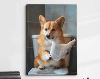 May include: A corgi dog sitting on a toilet with a newspaper in its paws. The dog is looking at the camera with a serious expression.
