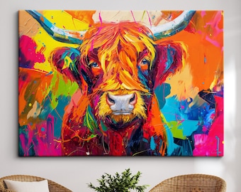 Colorful Cow Animal Abstract Oil Painting Splatter Style Wall Art