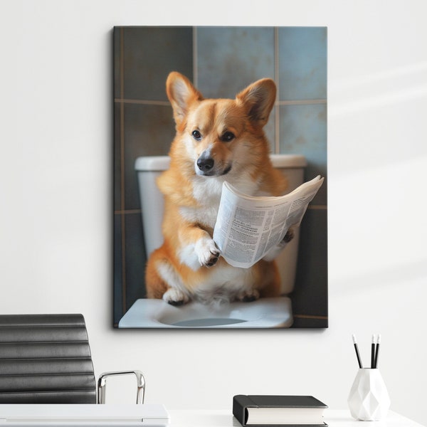 Corgi In The Washroom Dog Pet Abstract Modern Painting Wall Art Framed Canvas Poster Print, Home Kitchen Office Decor