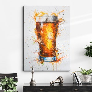 Beer Glass Beverage Splatter Watercolor Drink Oil Painting Framed Poster Print & Framed Canvas Wall Art Home Bar Kitchen Interior Decor Gift