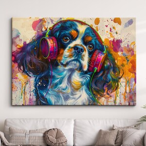 King Charles Spaniel DJ Headphones Painting Framed Poster Print & Framed Canvas Wall Decor Art Painting Home Living Room Dog Gift Pet Music