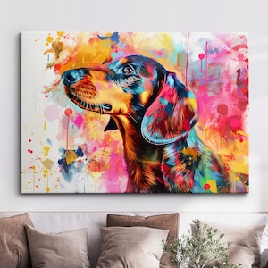 Cuadro abstracto de perro salchicha, póster enmarcado, impresión y lienzo enmarcado, decoración de pared, arte, pintura, dormitorio, hogar, sala de estar, idea de regalo para amantes de las mascotas