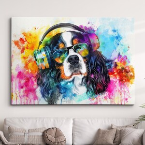 King Charles Spaniel DJ Headphones Painting Framed Poster Print & Framed Canvas Wall Decor Art Painting Home Living Room Dog Gift Pet Music