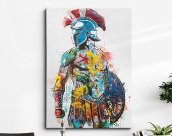 May include: A canvas print of a colorful Spartan warrior. The artwork features a blue helmet with a red plume, a shield, and a detailed depiction of the warrior's physique. The artwork is vibrant with splashes of color and graffiti-style elements.