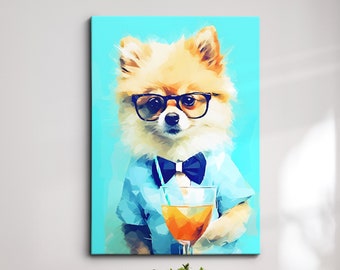 Vibrant Pomeranian Drinking Glasses Painting Framed Poster Print & Framed Canvas Wall Decor Art Bedroom Home Interior Gift For Dog Lover