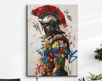 May include: A colorful abstract painting of a Roman warrior wearing a helmet with a red plume. The warrior is depicted in profile, with a background of colorful paint splatters and graffiti.