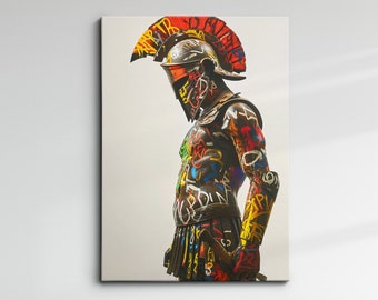 May include: A colorful, graffiti-style painting of a Roman soldier wearing a helmet and armor. The soldier is standing in a profile pose, with his right arm raised and his left hand on his hip. The painting is done in a variety of bright colors, including red, yellow, blue, green, and purple.