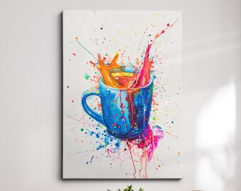 Coffee Mug Beverage Watercolor Cafe Painting Framed Poster Print & Framed Canvas Wall Decor Art Bedroom Home Interior Bar Kitchen Gift