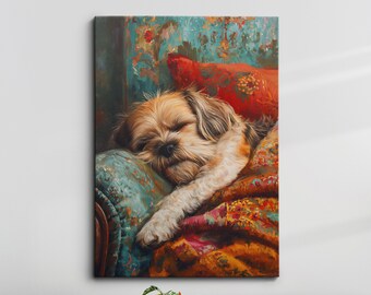 Shih Tzu Sleeping Abstract Dog Oil Painting Framed Poster Print Framed Canvas Wall Decor Art Bedroom Home Interior Gift For Pet Lover