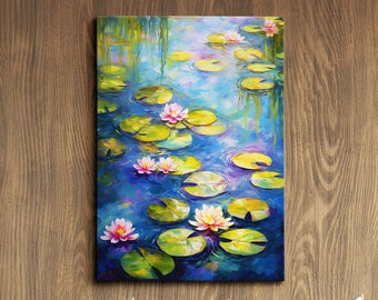 May include: An oil painting depicting a serene water scene with lily pads and blooming water lilies. The artwork features a vibrant blue and green color palette, with pink and yellow accents on the flowers. The painting is displayed on a wooden wall.