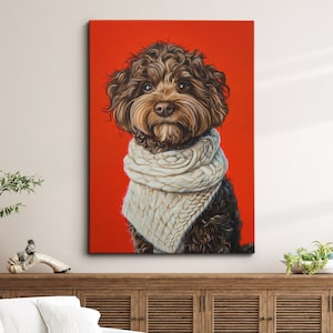 May include: A brown and white dog wearing a white knitted scarf against a red background.