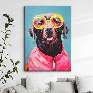 Fun Labrador Wearing Yellow Glasses Painting Framed Poster Print & Framed Canvas Wall Decor Art Bedroom Home Interior Funny Dog Lover Gift
