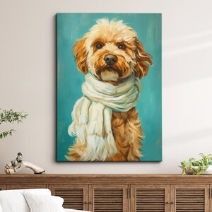 May include: A painting of a brown and white dog wearing a white scarf against a teal background.