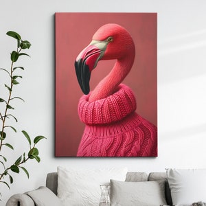 Flamingo Head Pink Jumper Fleece Animal Framed Poster Print & Framed Canvas Wall Decor Art Bedroom Home Interior Funny Animal Lover Gift