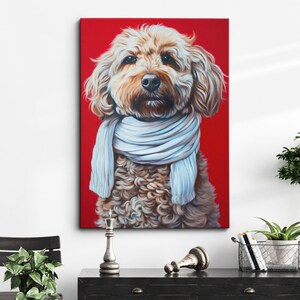 May include: A painting of a brown and white dog wearing a white scarf against a red background.