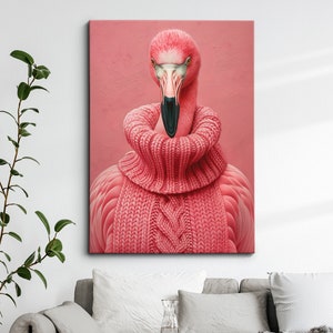 Flamingo Head Pink Jumper Fleece Animal Framed Poster Print & Framed Canvas Wall Decor Art Bedroom Home Interior Funny Animal Lover Gift