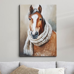 Horse Wearing Beige Scarf Framed Poster Print & Framed Canvas Wall Decor Art Oil Painting Bedroom Home Living Room Funny Animal Lover Gift