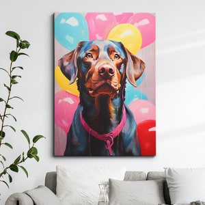 Fun Colorful Labrador Party Balloons Painting Framed Poster Print & Framed Canvas Wall Decor Art Bedroom Home Interior Funny Dog Lover Gift