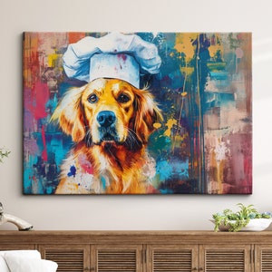 Golden Retriever Chef Hat Cooking Painting Framed Poster Print & Framed Canvas Wall Decor Art Painting Kitchen Home Room Dog Gift Idea Pet