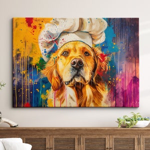 Golden Retriever Chef Hat Cooking Painting Framed Poster Print & Framed Canvas Wall Decor Art Painting Kitchen Home Room Dog Gift Idea Pet