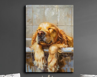 Golden Retriever Bathtub Dog Bathroom Painting Framed Poster Print Or Framed Canvas Wall Decor Art Bedroom Home Interior Gift For Dog Lover