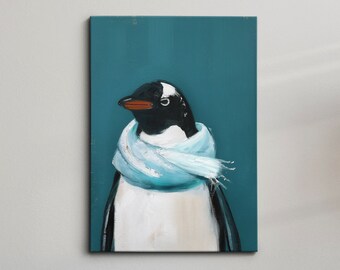 Penguin Wearing Blue Scarf Framed Poster Print & Framed Canvas Wall Decor Art Oil Painting Bedroom Home Living Room Funny Animal Lover Gift